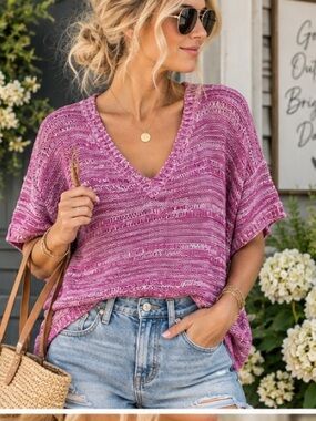 Uncharted Threads Women’s XL Pink Open Knit V Neck Sweater Top Boho